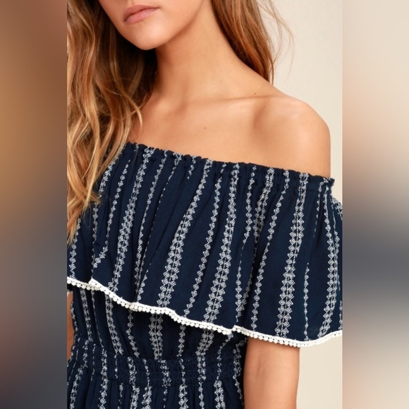 See Ya There Navy Blue Print Off-the-Shoulder Romper size XS - Picture 5 of 9